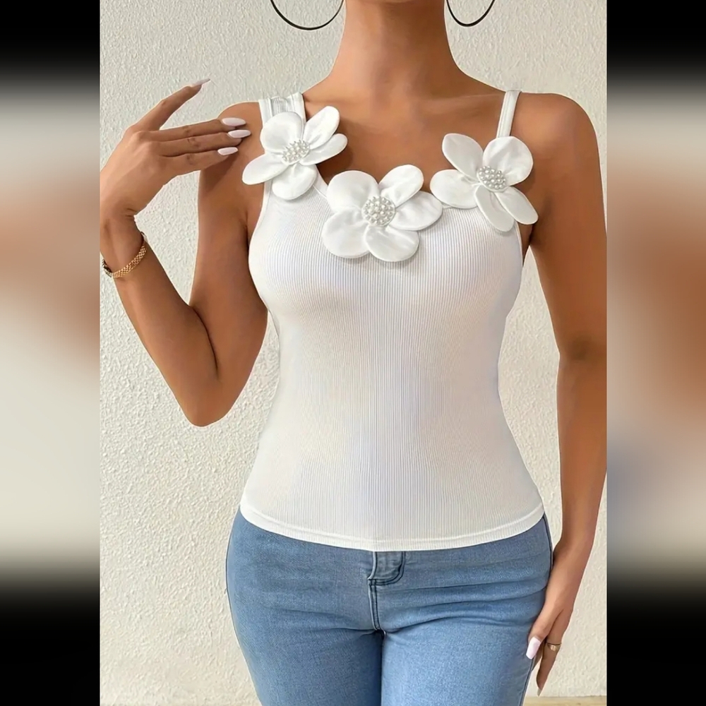 Elegant Floral Applique Camisole Top for Women - Polyester Blend, Stretchy Knit